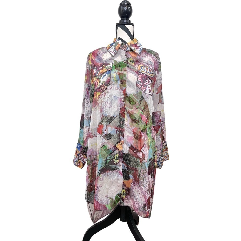Radzoli Sheer Floral Boho Botanical Sz L Button Down Front Tunic Top